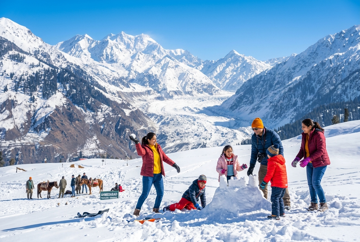 Ahmedabad to Kashmir tour package price per person 2026 - group at Thajiwas Glacier Sonamarg