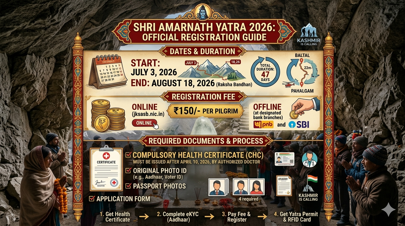 Amarnath Yatra Baltal route package price 2026 - registration dates and requirements infographic