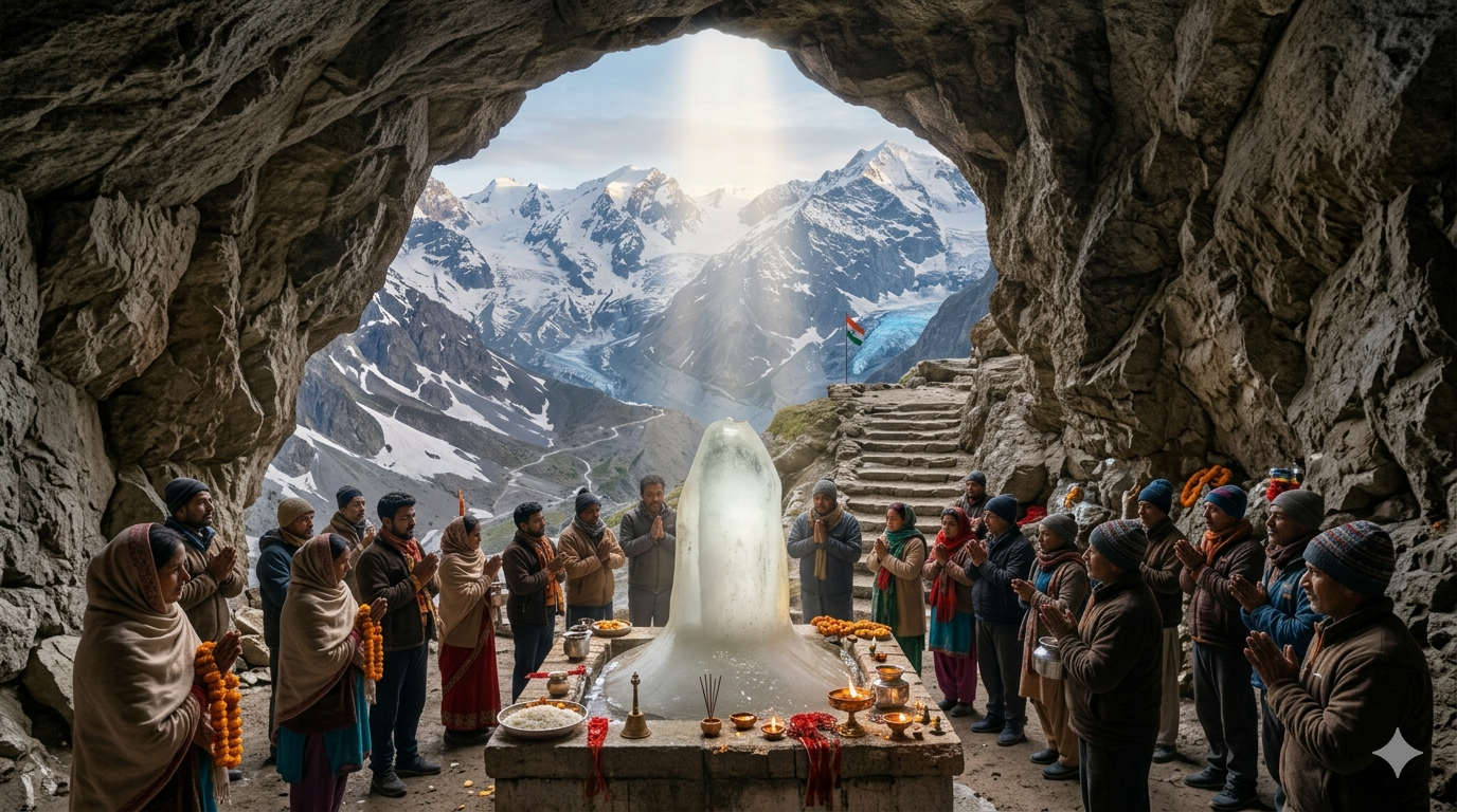 Amarnath Yatra Baltal route package price 2026 - sacred Amarnath Cave with ice Shivling