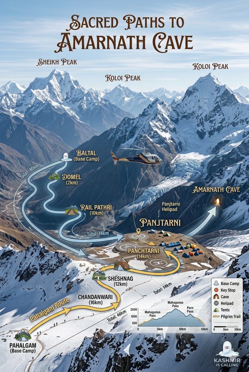 Amarnath Yatra Price Per Person 2026 | ₹3,250 | Budget to Luxury | Book 12 Amarnath Yatra price per person 2026 - Pahalgam and Baltal route comparison map