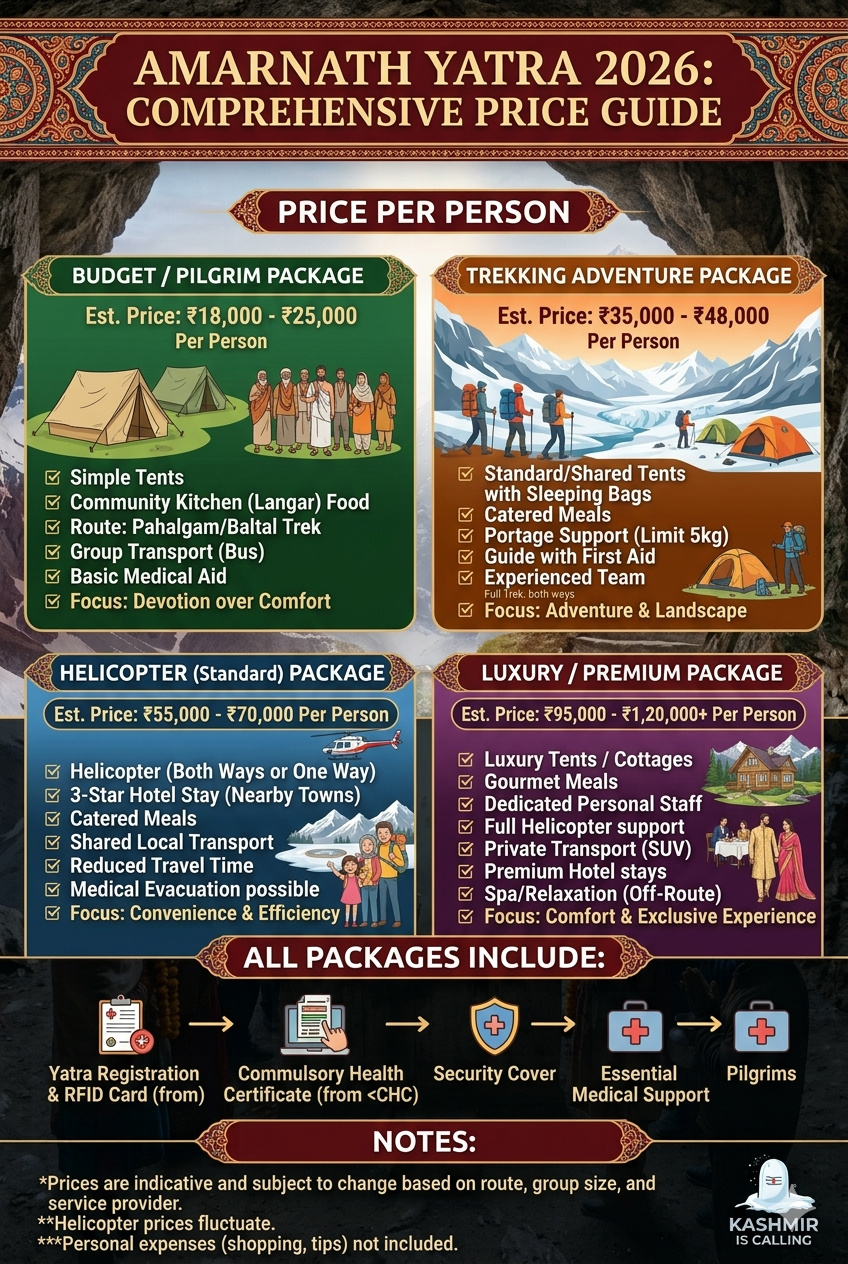 Amarnath Yatra Price Per Person 2026 | ₹3,250 | Budget to Luxury | Book 10 Amarnath Yatra price per person 2026 - complete package price comparison infographic