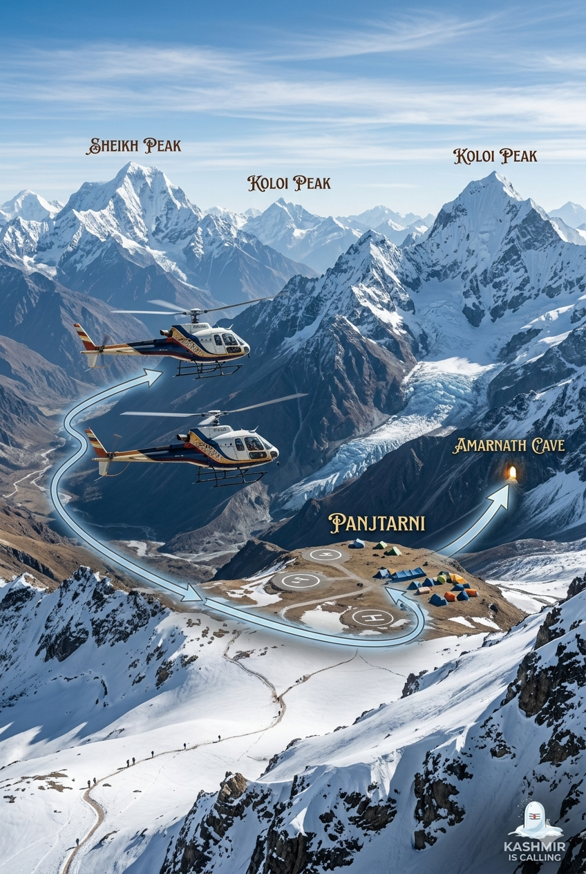 Amarnath Yatra Price Per Person 2026 | ₹3,250 | Budget to Luxury | Book 11 Amarnath Yatra price per person 2026 - helicopter ride to Panjtarni over Himalayas