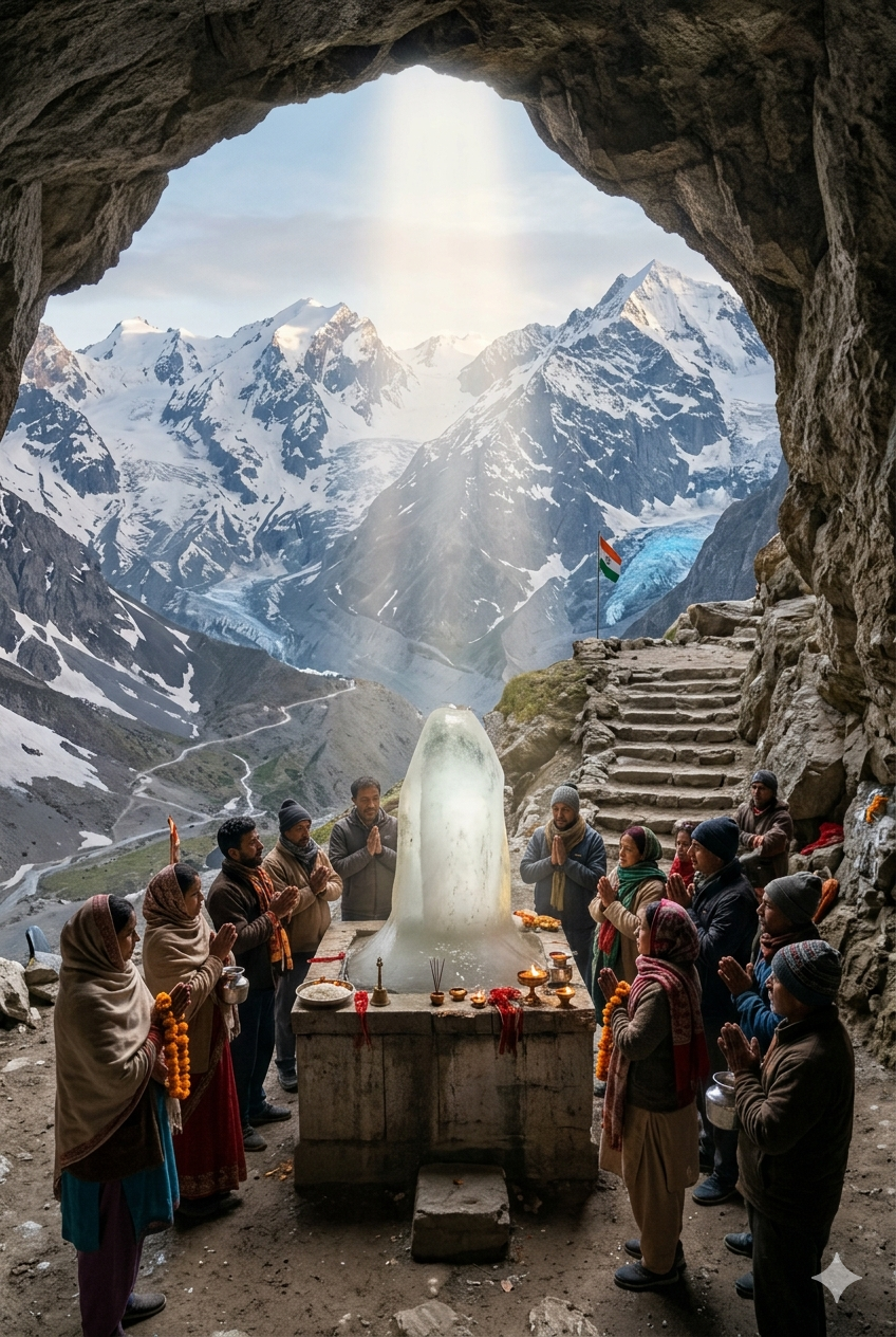 Amarnath Yatra Price Per Person 2026 | ₹3,250 | Budget to Luxury | Book 8 Amarnath Yatra price per person 2026 - sacred Amarnath Cave with ice Shivling and devotees