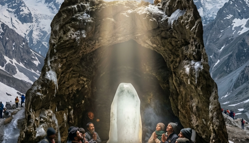 Amarnath Yatra price per person 2026 - sacred Amarnath Cave with ice Shivling and devotees