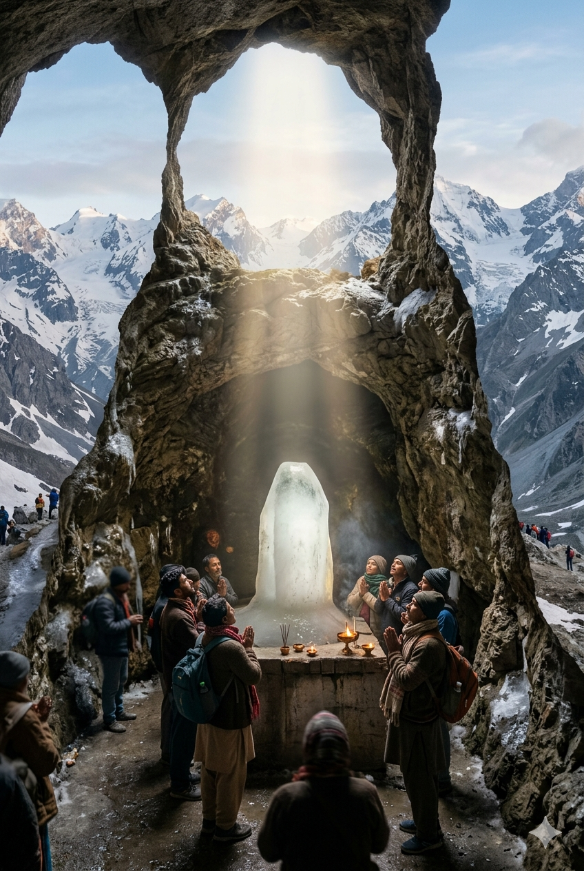 Amarnath Yatra price per person 2026 - sacred Amarnath Cave with ice Shivling and devotees