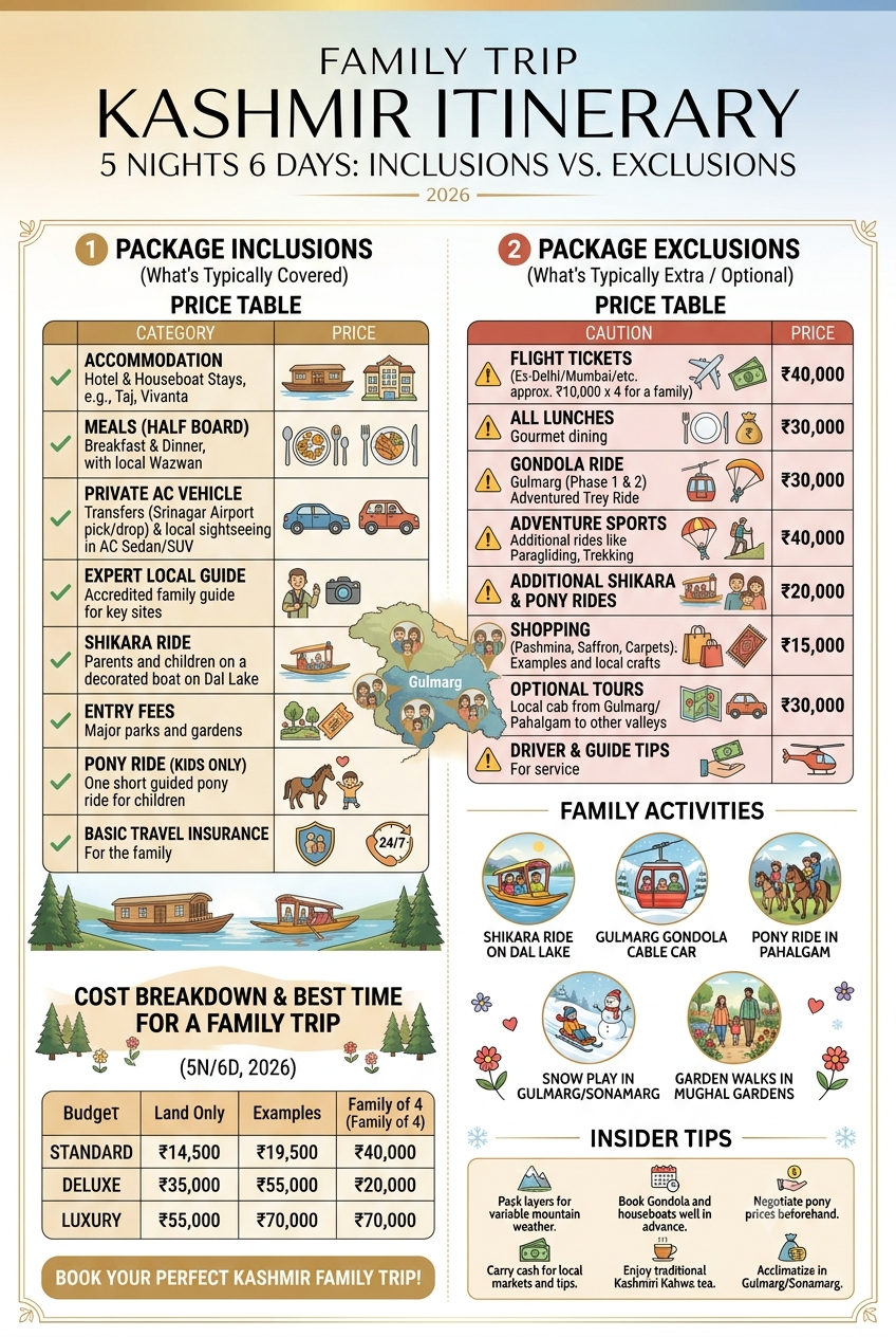Family Trip Kashmir Itinerary 5 Nights 6 Days 2026 | ₹14,500 | Book Now 10 An inclusions vs exclusions infographic for family trip Kashmir itinerary 5 nights 6 days