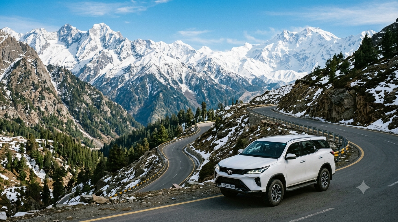 Best Fortuner Taxi Service in Srinagar 2026 | ₹6,000 | Book Now 7 Best Fortuner taxi service in Srinagar 2026 - Toyota Fortuner on mountain road with Himalayas
