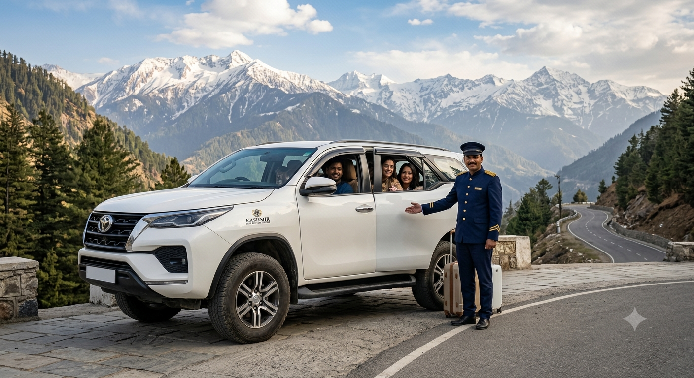 Best SUV Taxi Service in Kashmir 2026 | ₹5,500/Day | Book Now 9 Best SUV taxi service in Kashmir 2026 - Toyota Fortuner on mountain road with Himalayas