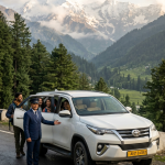 Best SUV taxi service in Kashmir 2026 - Toyota Fortuner on mountain road with chauffeur and travelers