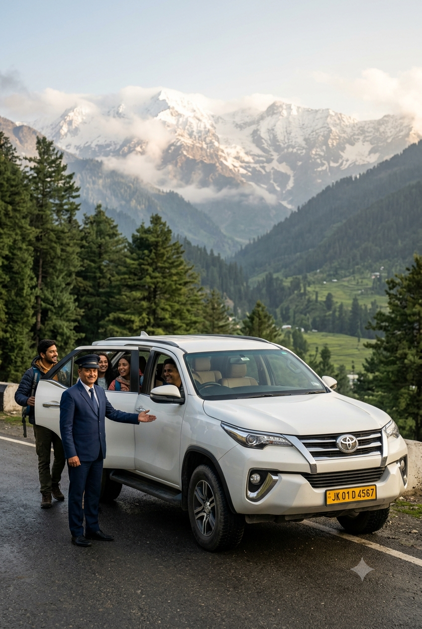 Best SUV taxi service in Kashmir 2026 - Toyota Fortuner on mountain road with chauffeur and travelers