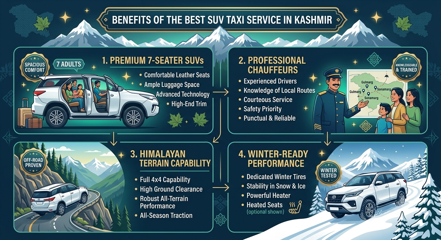Best SUV Taxi Service in Kashmir 2026 | ₹5,500/Day | Book Now 10 Best SUV taxi service in Kashmir 2026 - benefits infographic