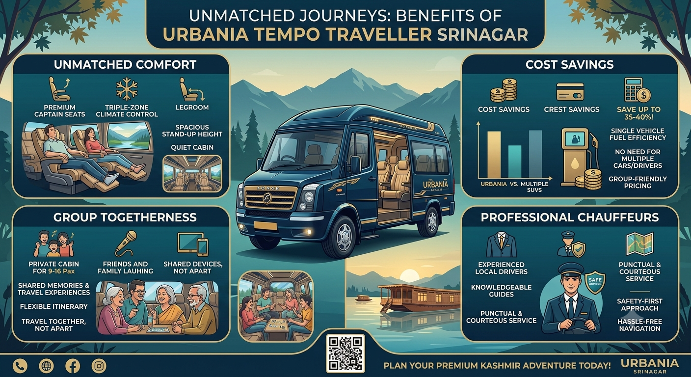 Best Urbania tempo traveller service Srinagar 2026 - benefits infographic
