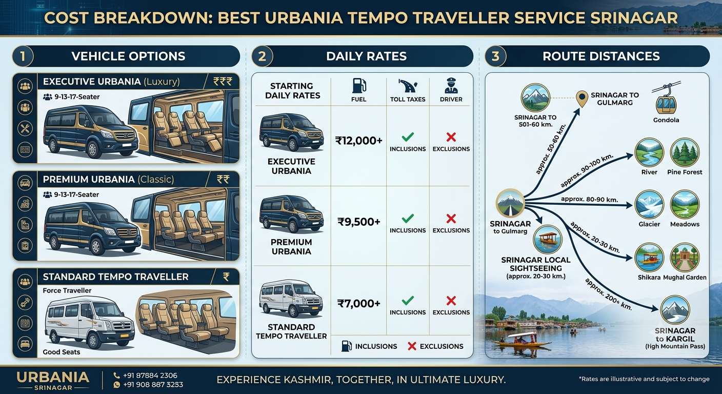 Best Urbania tempo traveller service Srinagar 2026 - complete rate card and route guide infographic