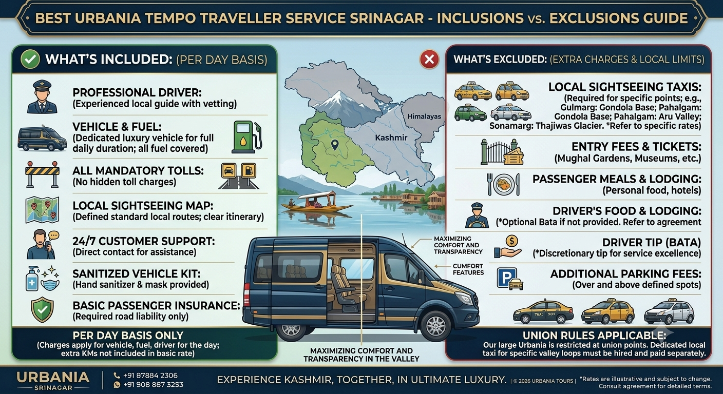 Best Urbania tempo traveller service Srinagar 2026 - inclusions and exclusions infographic