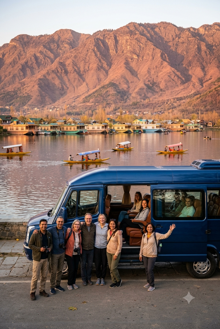 Best Urbania tempo traveller service Srinagar 2026 - luxury Urbania with happy group on Dal Lake at golden hour