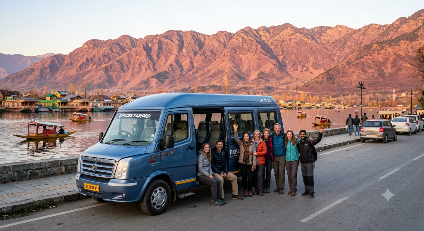 Best Urbania tempo traveller service Srinagar 2026 - luxury Urbania with happy group on Dal Lake