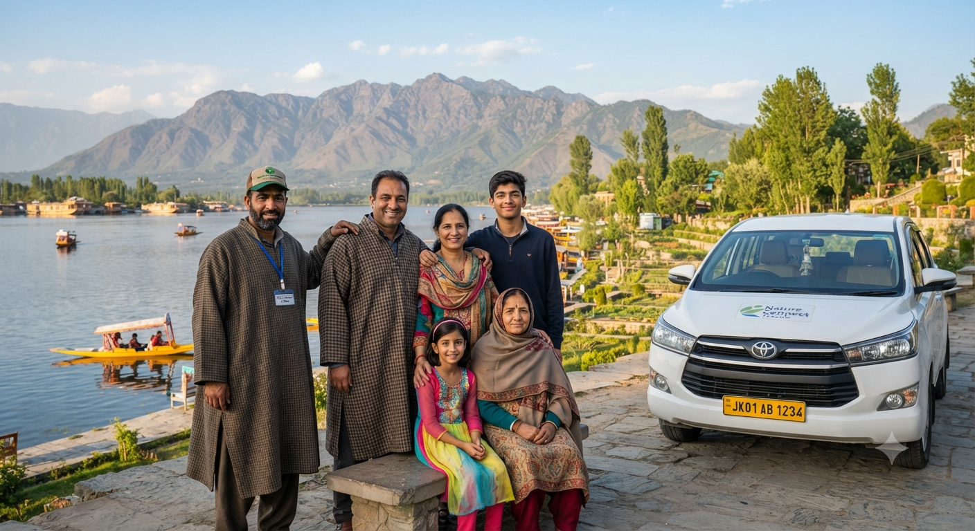 Family Cab Service in Kashmir 2026 | Best Rates & Packages 8 Best family cab service in Kashmir - happy family with Nature Connect Travels driver and SUV