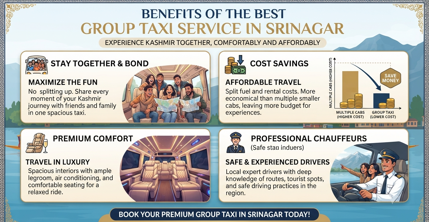 Best group taxi service Srinagar 2026 - benefits infographic