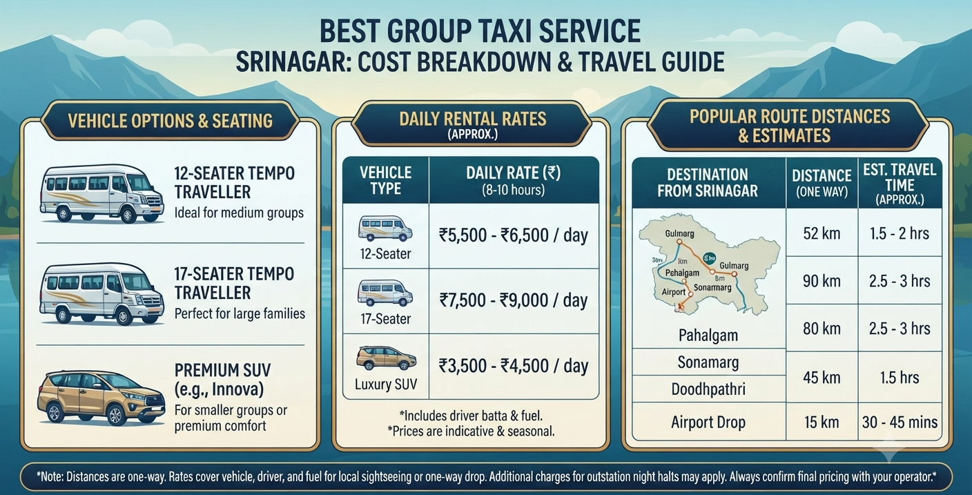 Best group taxi service Srinagar 2026 - complete rate card and route guide infographic