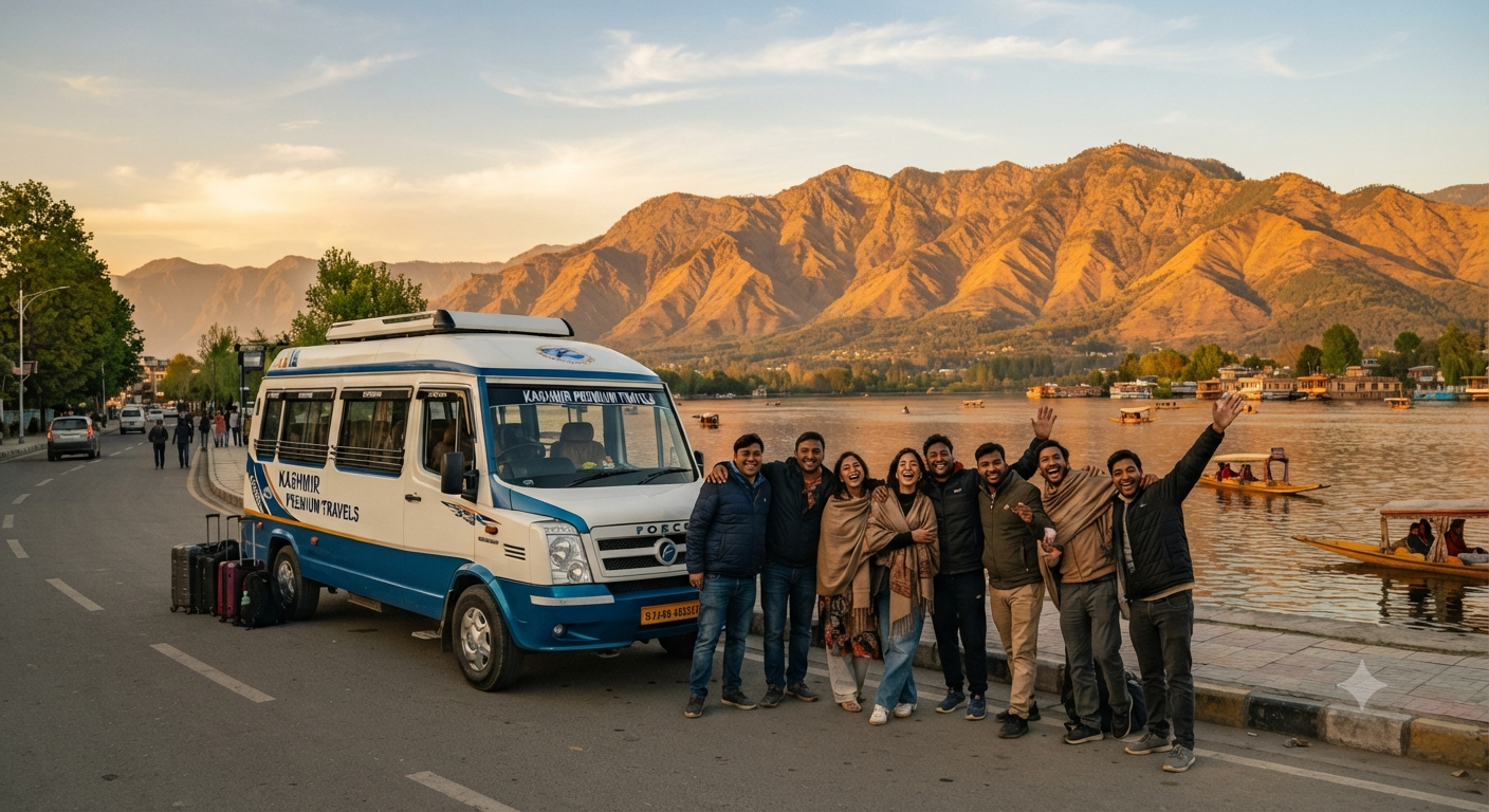  Best group taxi service Srinagar 2026 - group taxi with happy travelers on Dal Lake