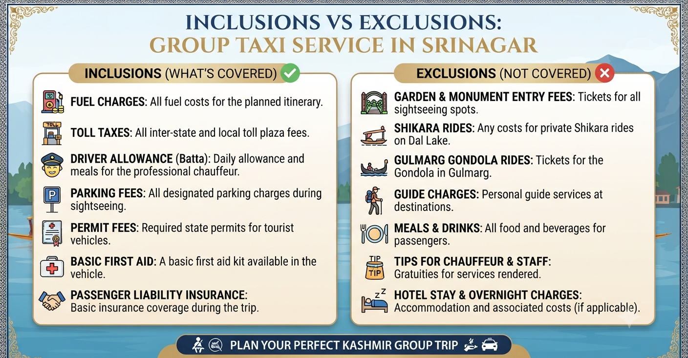 Best group taxi service Srinagar 2026 - inclusions and exclusions infographic