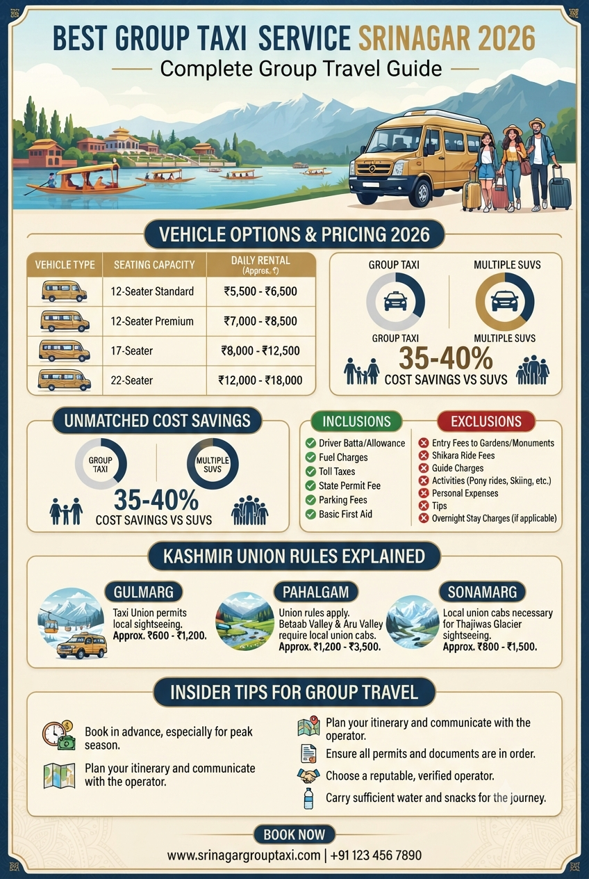 Best group taxi service Srinagar 2026 infographic - vehicle rates 5500-18000 rupees, cost savings 35-40% vs SUVs, union rules Gulmarg Pahalgam Sonamarg