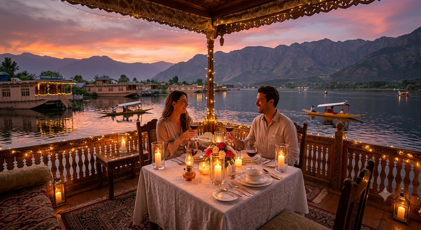Best Luxury Kashmir Holiday Package 2026 | ₹42,000 | 5-Star | Book Now 11 Best luxury Kashmir holiday package 2026 - candlelight dinner on houseboat deck