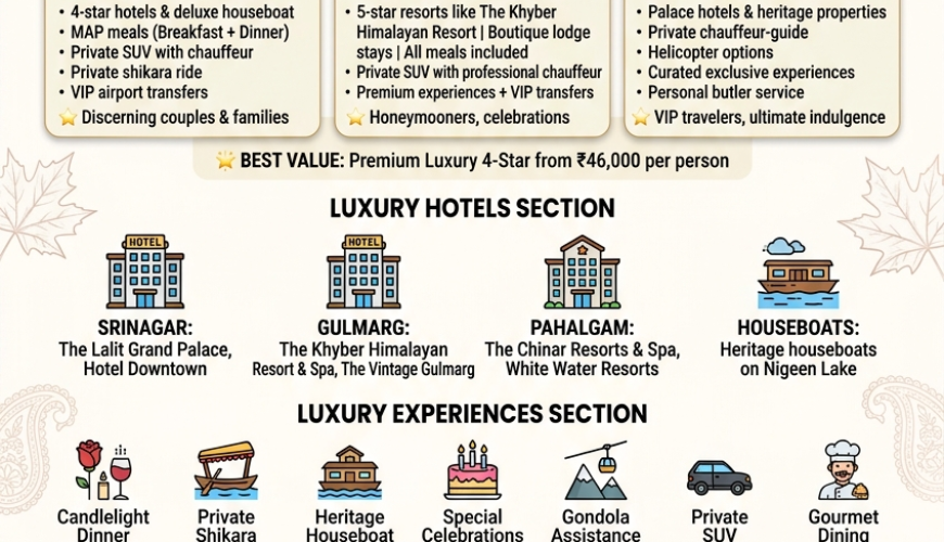 Best luxury Kashmir holiday package 2026 infographic - package prices 46000-180000 rupees, premium luxury 4-star and 5-star options, 6-day luxury itinerary Srinagar Gulmarg Pahalgam, top luxury hotels The Khyber Lalit Chinar Resorts, inclusions private SUV houseboat shikara candlelight dinner
