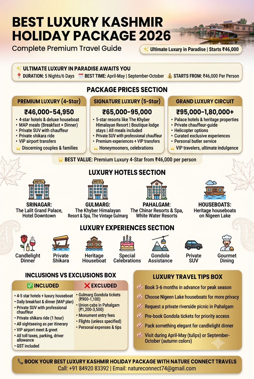 Best luxury Kashmir holiday package 2026 infographic - package prices 46000-180000 rupees, premium luxury 4-star and 5-star options, 6-day luxury itinerary Srinagar Gulmarg Pahalgam, top luxury hotels The Khyber Lalit Chinar Resorts, inclusions private SUV houseboat shikara candlelight dinner