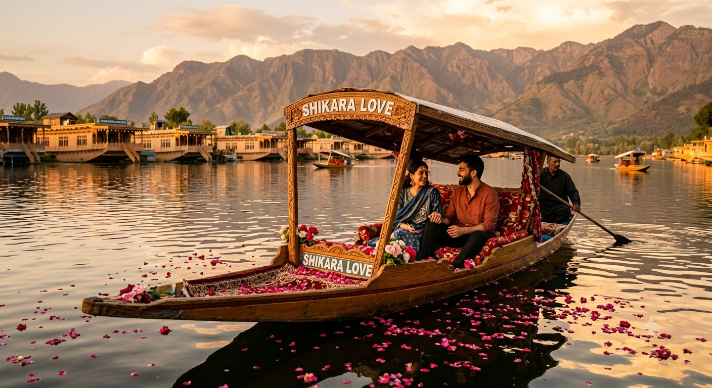 Best Luxury Kashmir Holiday Package 2026 | ₹42,000 | 5-Star | Book Now 8 Best luxury Kashmir holiday package 2026 - private shikara ride on Dal Lake at golden hour