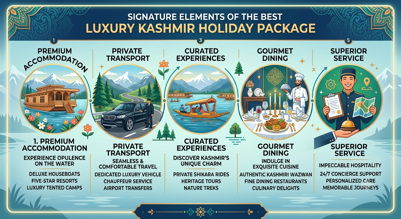 Best Luxury Kashmir Holiday Package 2026 | ₹42,000 | 5-Star | Book Now 9 Best luxury Kashmir holiday package 2026 - signature elements infographic