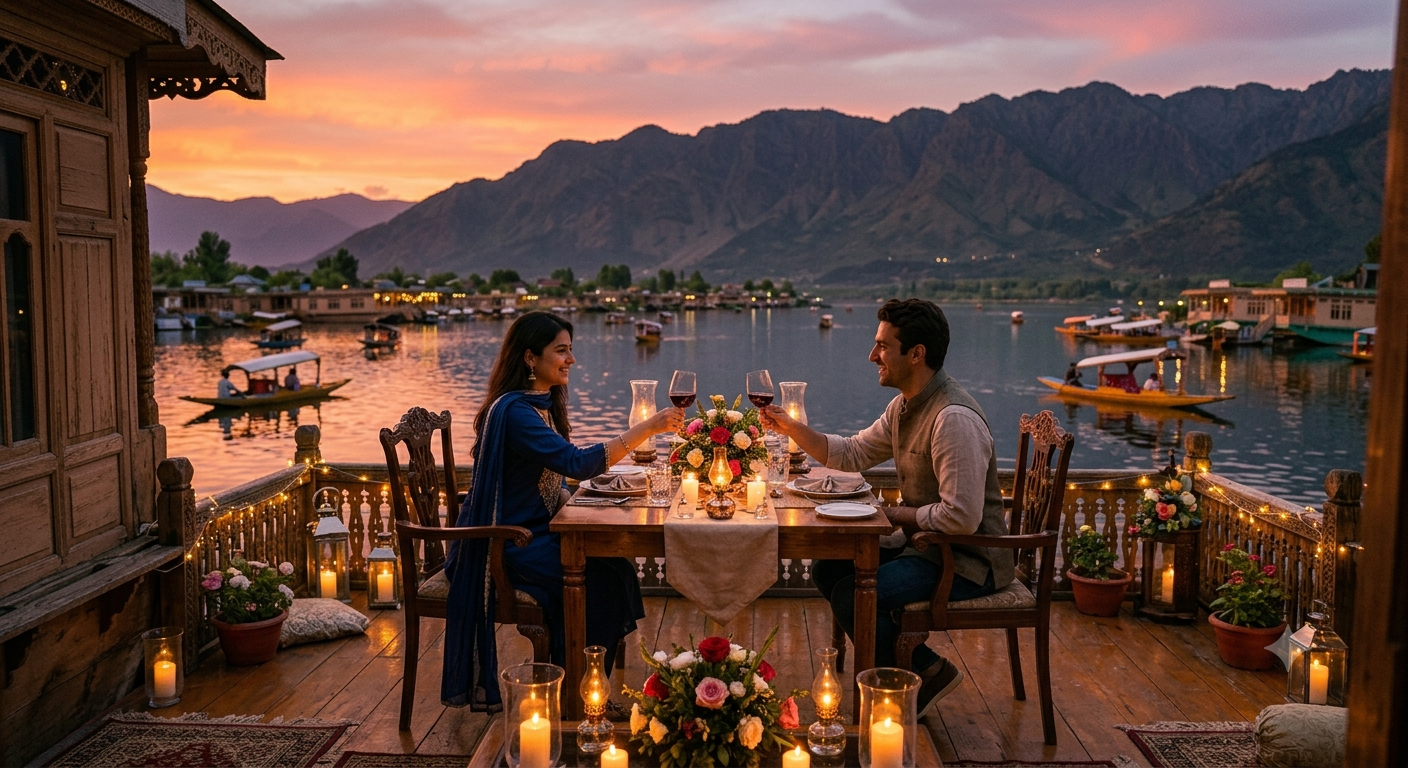Best Luxury Kashmir Vacation Deals 2026 | ₹29,999 | 5-Star | Book Now 11 Best luxury Kashmir vacation deals 2026 - candlelight dinner on houseboat deck