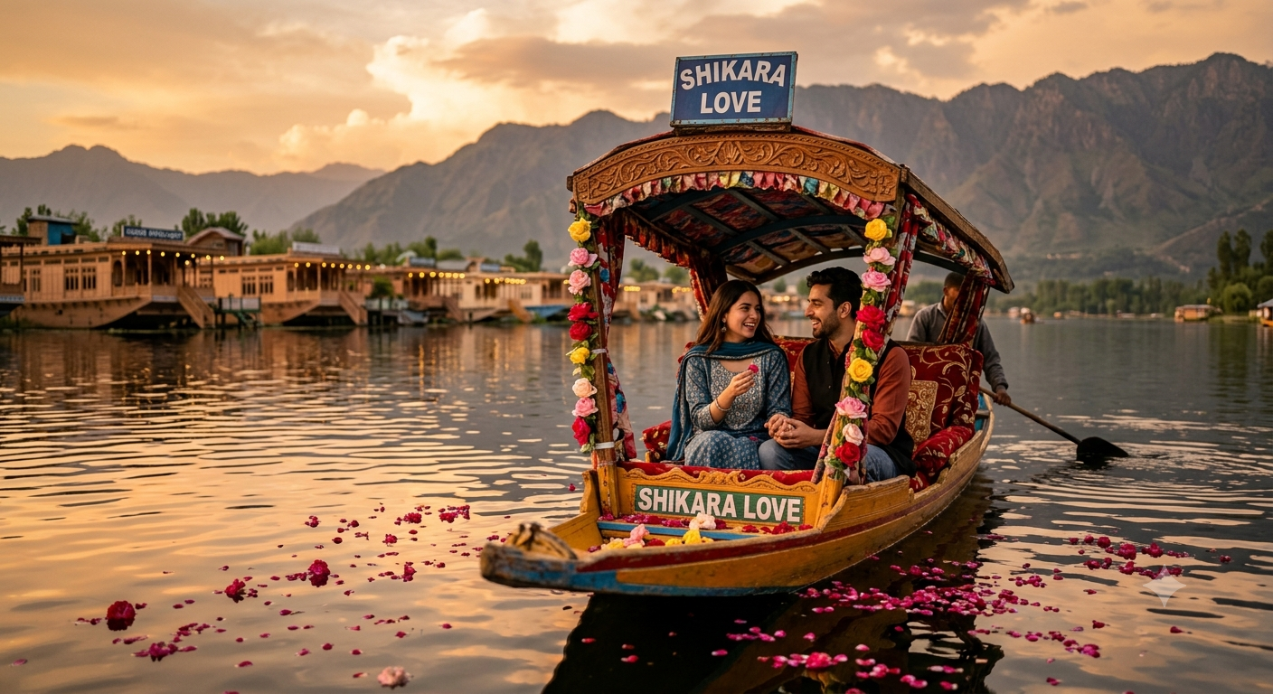 Best Luxury Kashmir Vacation Deals 2026 | ₹29,999 | 5-Star | Book Now 8 Best luxury Kashmir vacation deals 2026 - private shikara ride on Dal Lake at golden hour