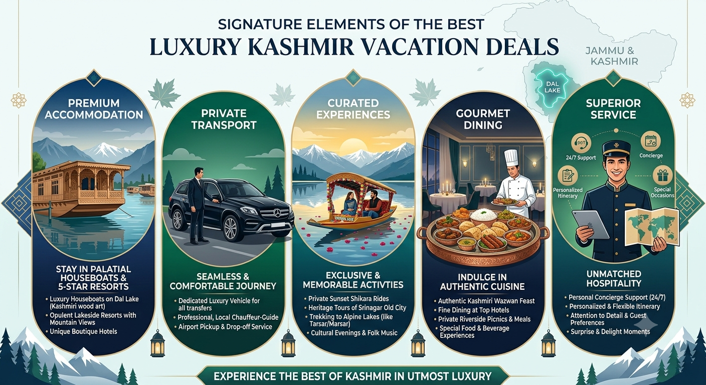 Best Luxury Kashmir Vacation Deals 2026 | ₹29,999 | 5-Star | Book Now 9 Best luxury Kashmir vacation deals 2026 - signature elements infographic