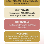 Best luxury Kashmir vacation deals quick guide - package prices 46000-180000 rupees, best value from 29999, top hotels The Khyber Lalit Vivanta, includes private SUV houseboat shikara candlelight dinners