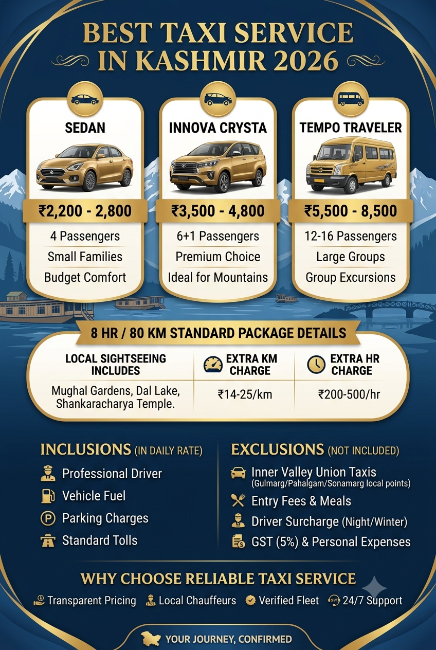 Best taxi service in Kashmir 2026 infographic - vehicle options and rates