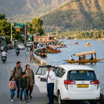 Best taxi service in Srinagar 2026 - Innova Crysta on Dal Lake Boulevard with professional driver
