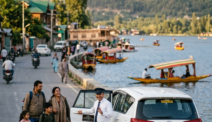 Best taxi service in Srinagar 2026 - Innova Crysta on Dal Lake Boulevard with professional driver