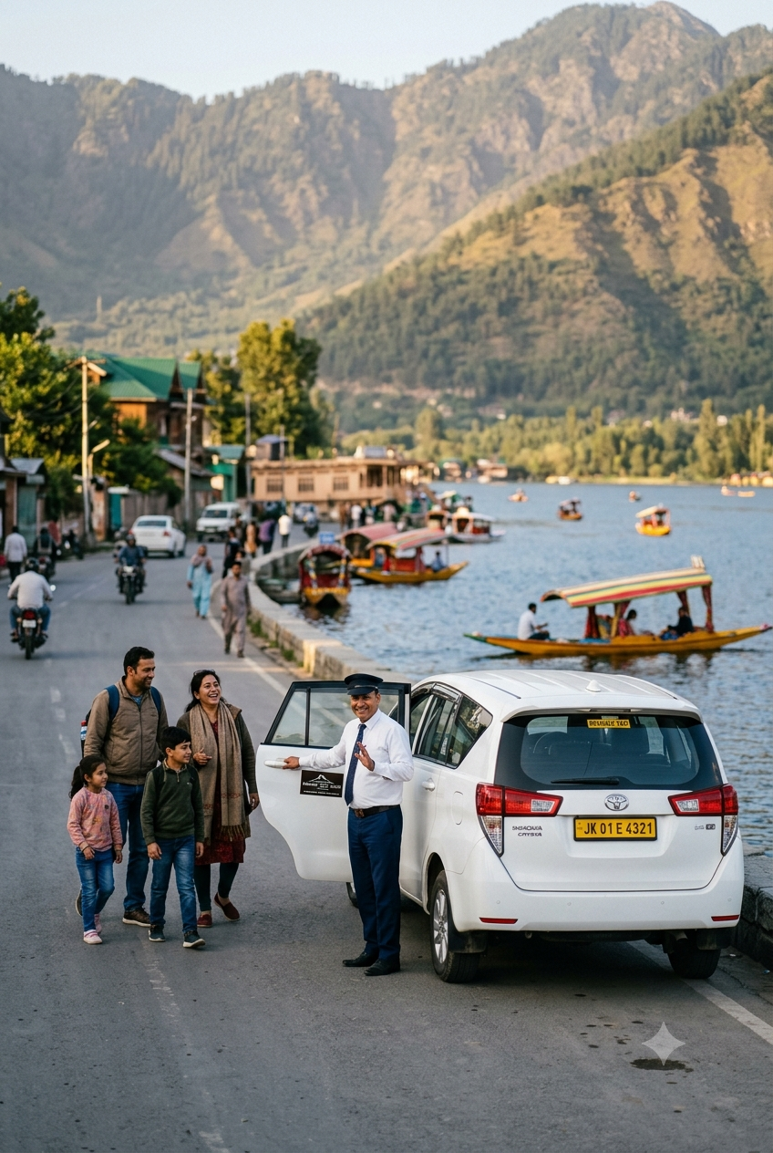 Best taxi service in Srinagar 2026 - Innova Crysta on Dal Lake Boulevard with professional driver