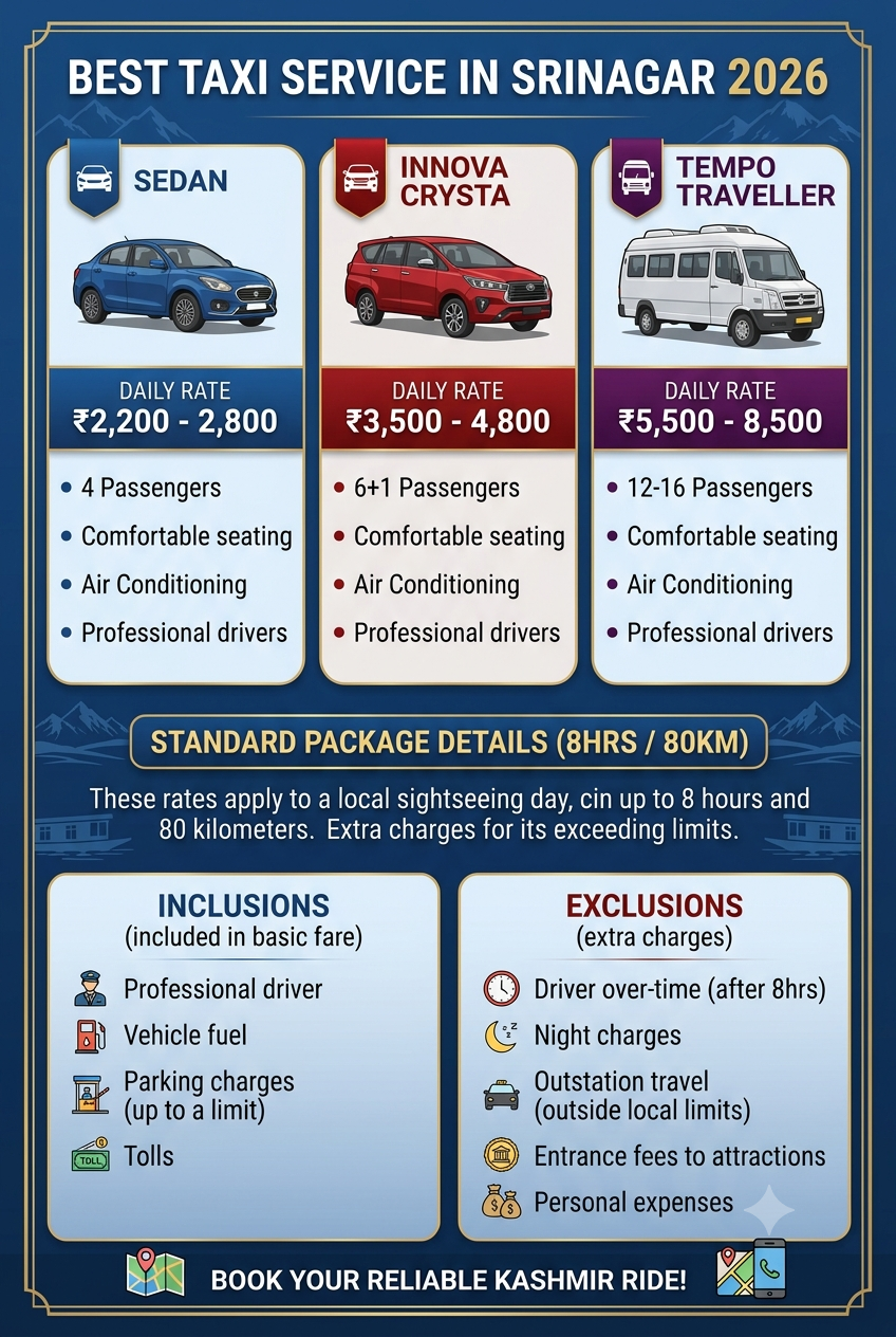 Best taxi service in Srinagar 2026 infographic - vehicle options and daily rates