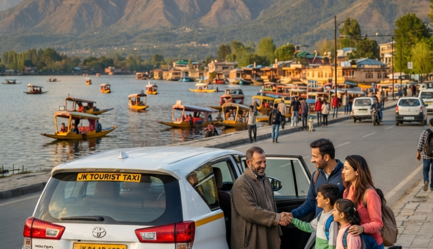 Cab rental in Srinagar with driver 2026 - Innova Crysta on Dal Lake Boulevard with professional chauffeur