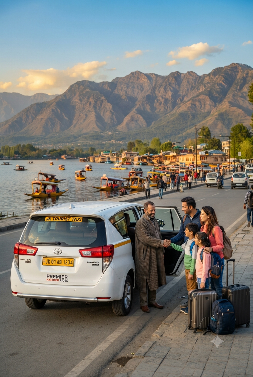 Cab rental in Srinagar with driver 2026 - Innova Crysta on Dal Lake Boulevard with professional chauffeur