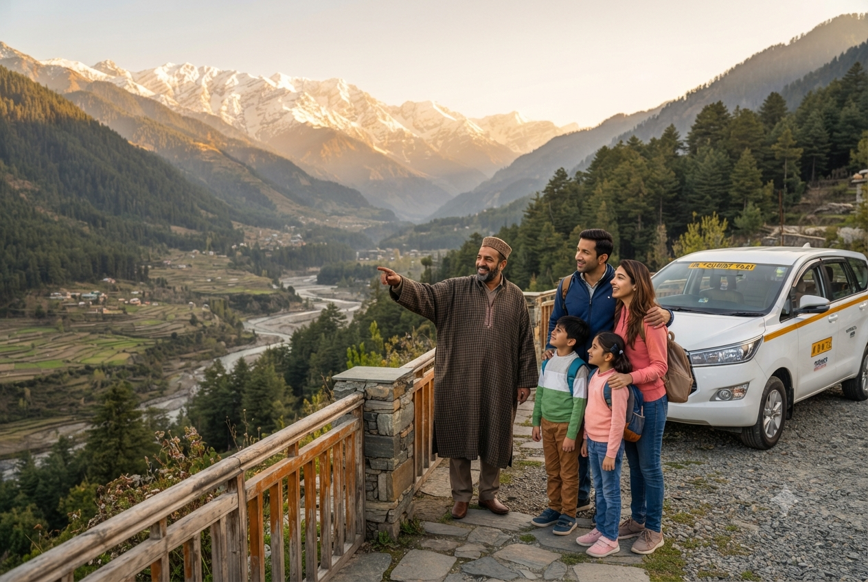Cab rental in Srinagar with driver 2026 - driver-guide showing scenic valley to tourists