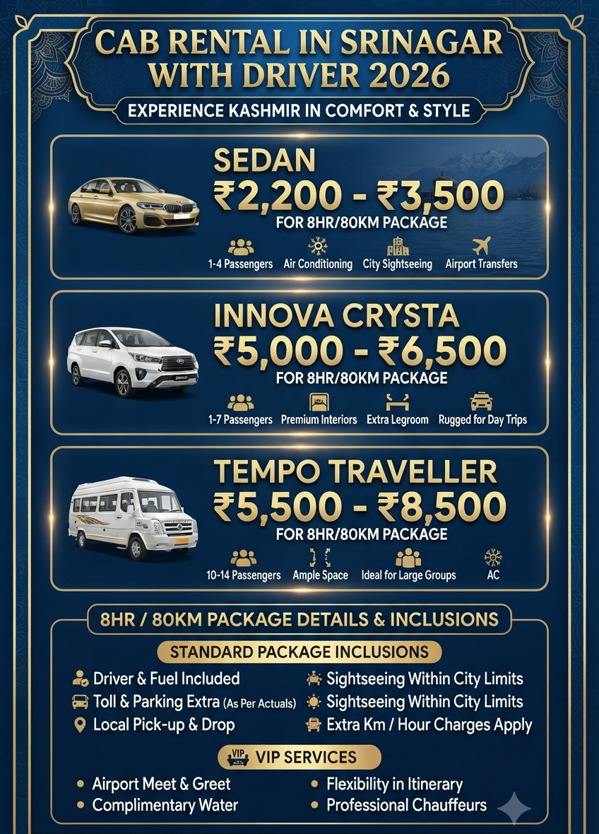 Cab rental in Srinagar with driver 2026 infographic - vehicle options and daily rates