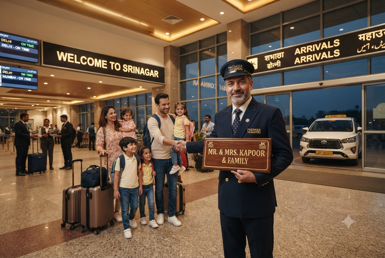 Cab rental in Srinagar with driver 2026 - professional chauffeur at Srinagar Airport greeting family