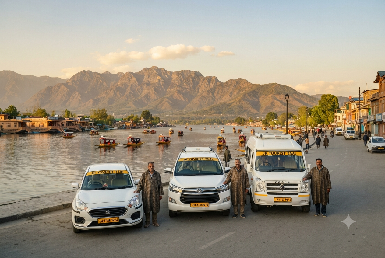 Cab rental in Srinagar with driver 2026 - sedan SUV and Tempo Traveller fleet on Dal Lake