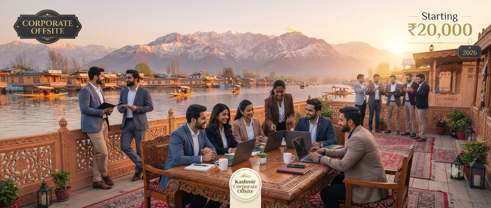 Corporate team outing packages in Kashmir - corporate team meeting on houseboat with Dal Lake views Nature Connect Travels