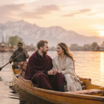 Couple enjoying shikara ride on Dal Lake at sunset, Kashmir honeymoon travel photography