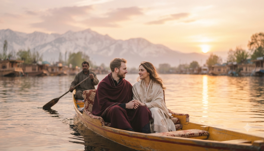 Couple enjoying shikara ride on Dal Lake at sunset, Kashmir honeymoon travel photography