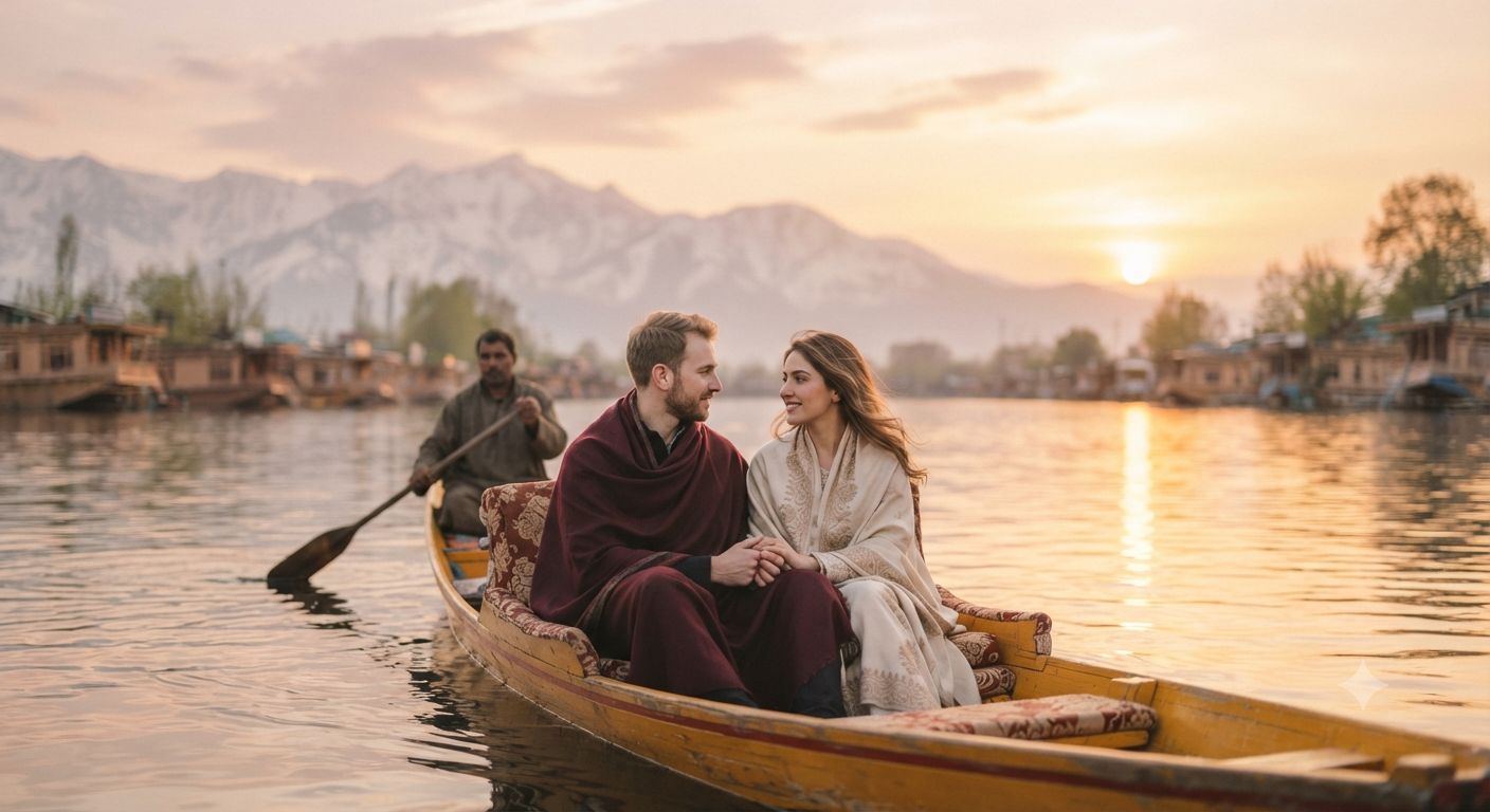 Couple enjoying shikara ride on Dal Lake at sunset, Kashmir honeymoon travel photography